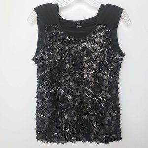 Elements Women's Black Silver Sequined Scoop Neck Shirt Blouse Shell Tank Top